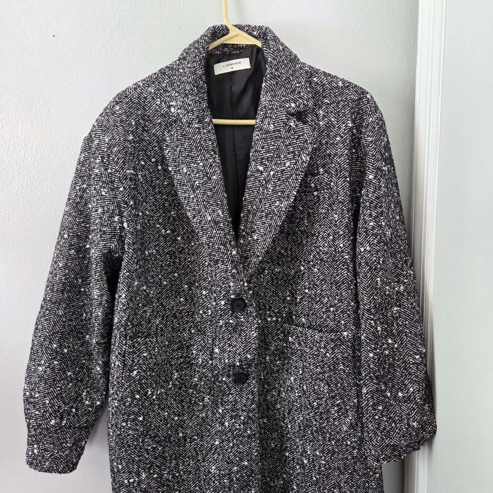 Women's Black and White Herringbone Textured Wool-Blend Tweed Coat Size Medium